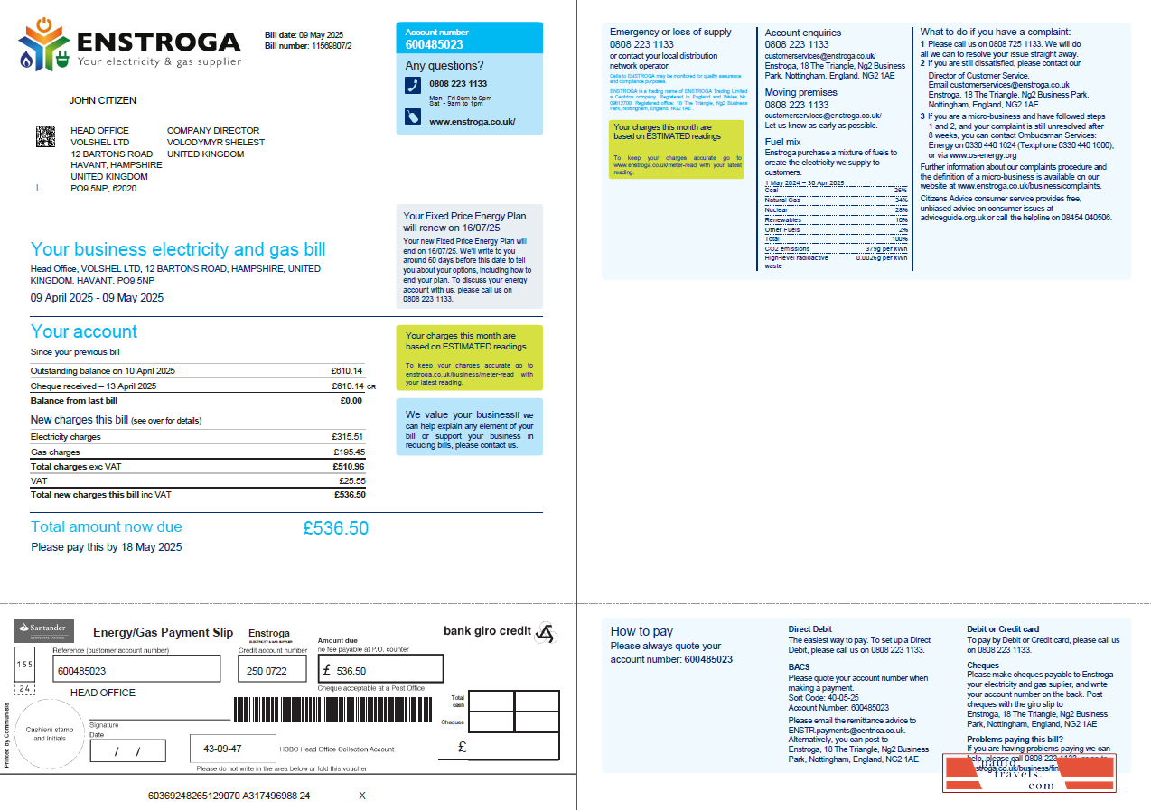 United Kingdom Enstroga utility bill template in Word and PDF formats, 2 pages